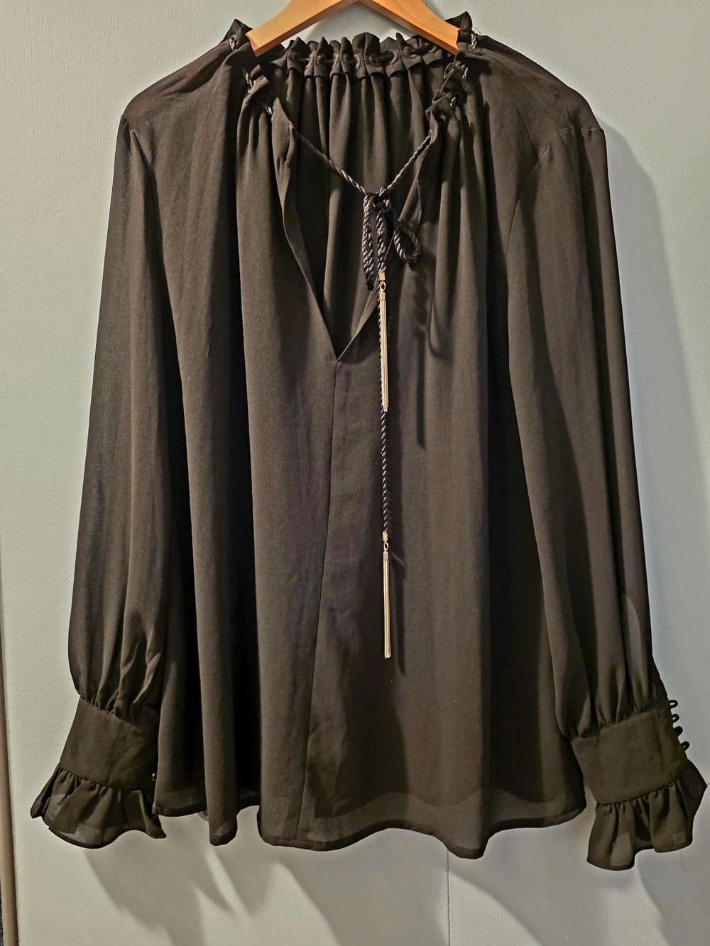 Zara Black Ruffle-Neck Long-Sleeve Blouse with Tassel Detail